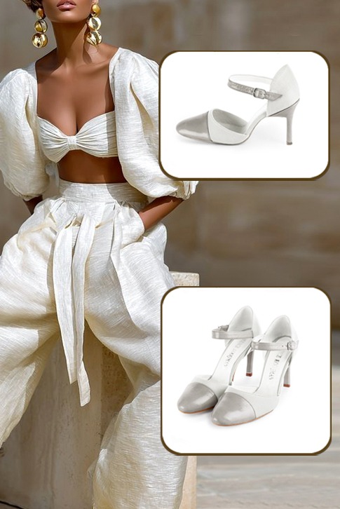 Women's pearl grey and pure white elegant closed-back heels, with an instep strap. Round toe. High slim heel - Worn view